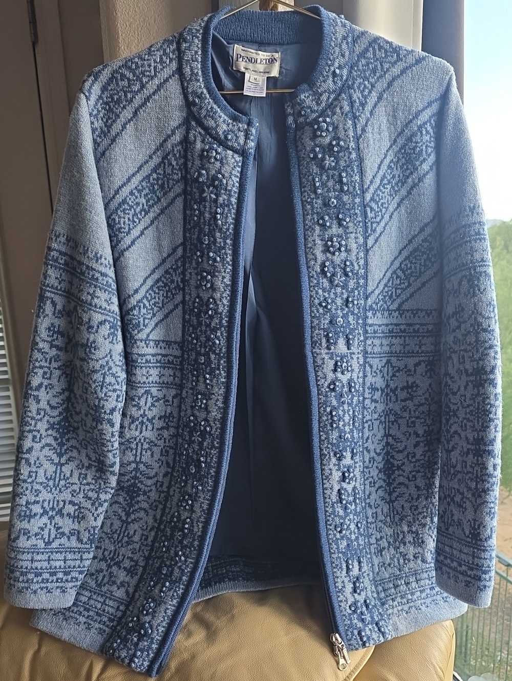 Pendleton Blue Beaded Nordic Zip Wool Knit Lined Cardigan Sweater Jacket Medium